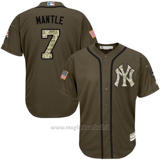 Maglia Baseball Uomo New York Yankees 7 Mickey Mantle Verde Salute To Service